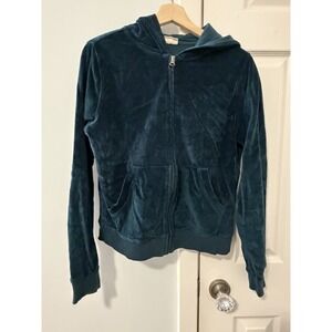 Pact XS 100% Organic Cotton Velour Full Zip Hoodie Blue Green Soft Outerwear 90s